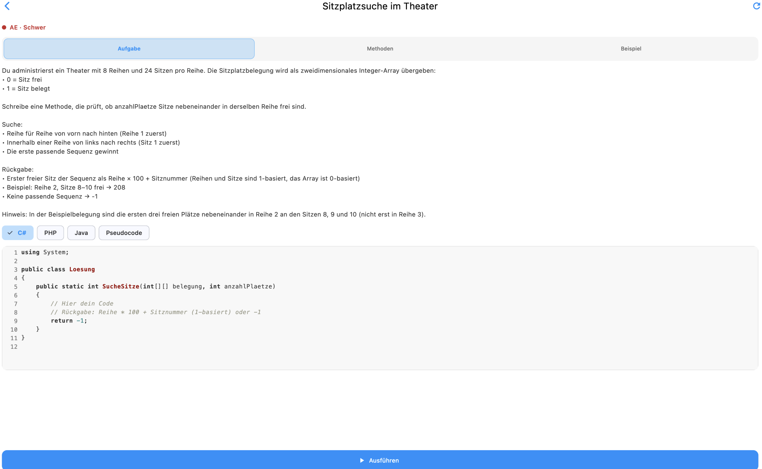 Programmieraufgabe in LearnAQuiz
